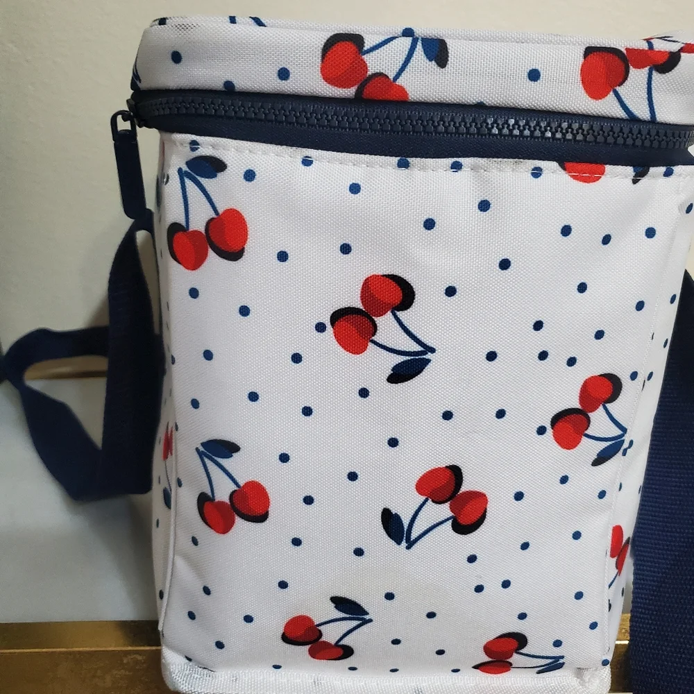 Kate Spade Navy Blue Polka Dot Red Cherry Printed Insulate Ice Cooler Travel Bag